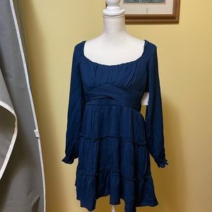 Ruffled cotton mini, long sleeved, dk blue.  New with tags X-Lg sizes run small